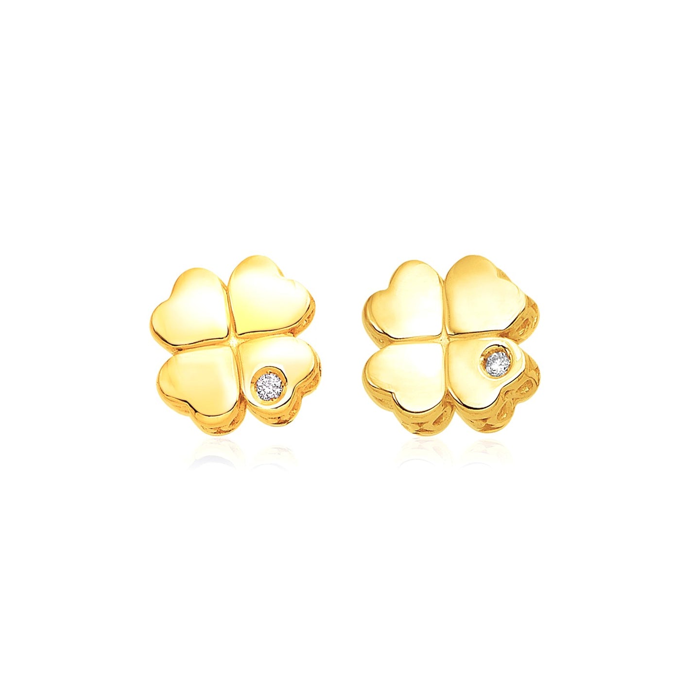 14k Yellow Gold Polished Four Leaf Clover with Diamond Earrings