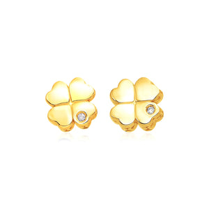 14k Yellow Gold Polished Four Leaf Clover with Diamond Earrings