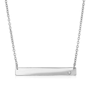 Sterling Silver Polished Bar  with Cubic Zirconia Necklace