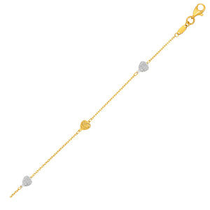 14k Two-Toned Yellow and White Gold with Textured Hearts Anklet