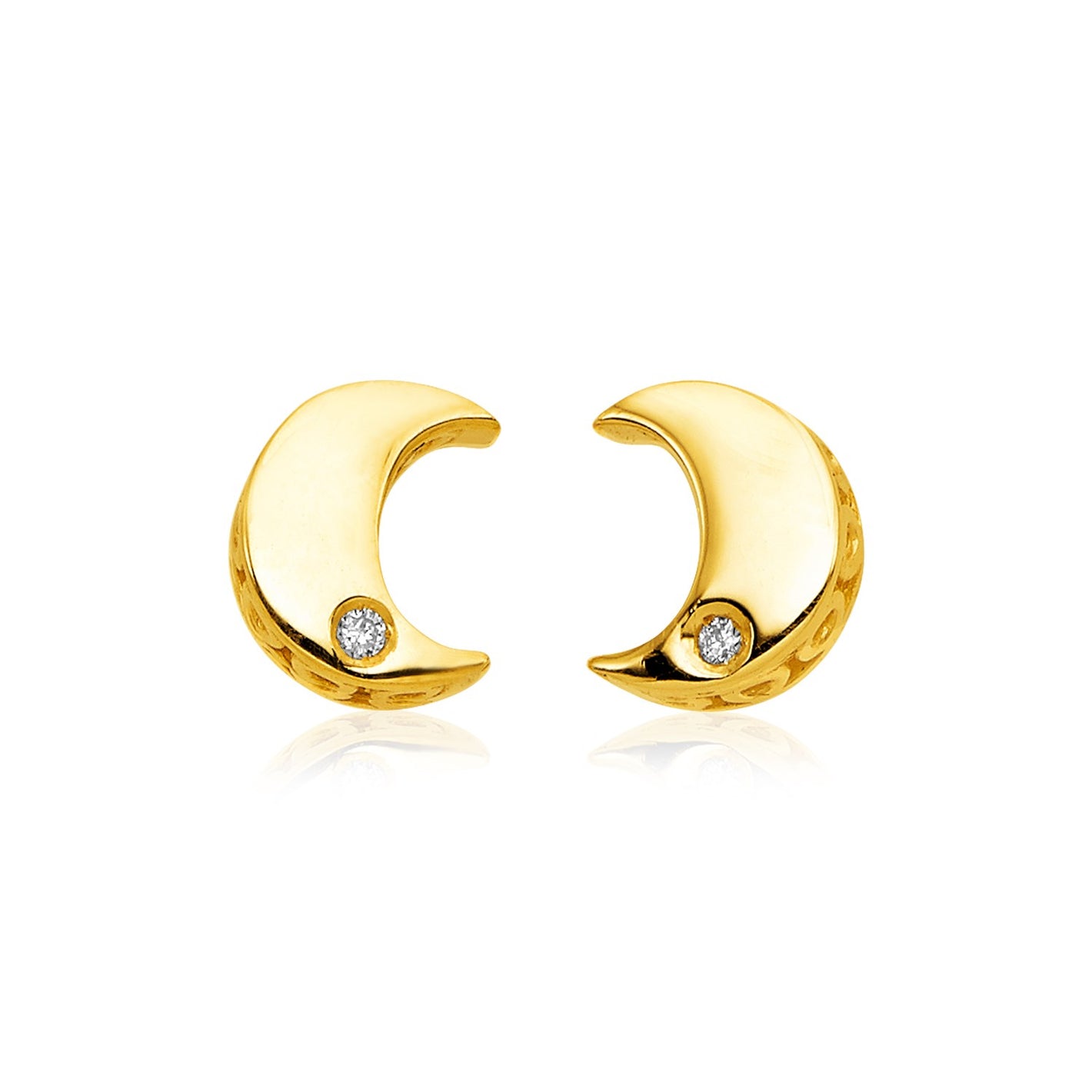 14k Yellow Gold Polished Moon with Diamonds Earrings