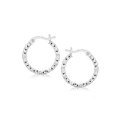 Sterling Silver Faceted Design  with Rhodium Plating Hoop Earrings