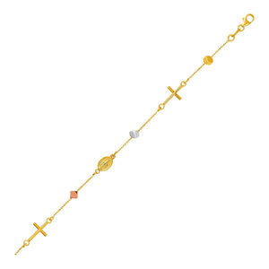 14k Tri Color Gold  with Crosses Cubes and Medallions Bracelet