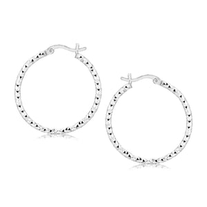 Sterling Silver Faceted Motif  with Rhodium Plating Hoop Earrings