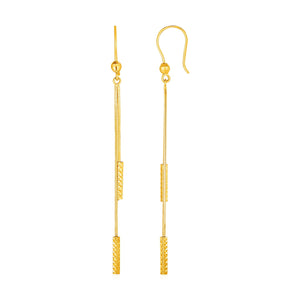 14k Yellow Gold Textured Bar Long Drop Earrings