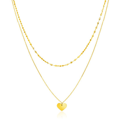 14k Yellow Gold Two Strand with Heart Pendant Necklace