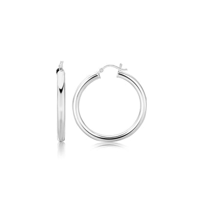 Sterling Silver Thick Rhodium Plated Polished Hoop Style Earrings