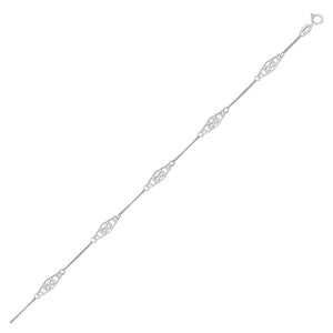 14k White Gold  with Fancy Diamond Shape Filigree Stations Anklet