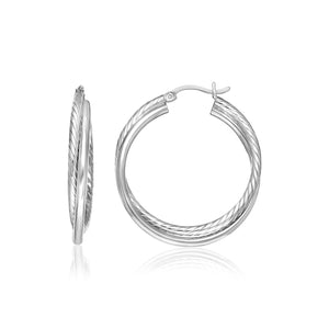 Sterling Silver Ridged Hoop  with Textured Design Earrings