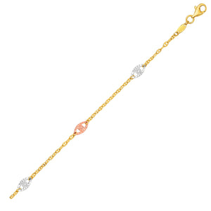 14k Three-Toned Yellow,  White,  and Rose Gold  with Textured Ovals Anklet