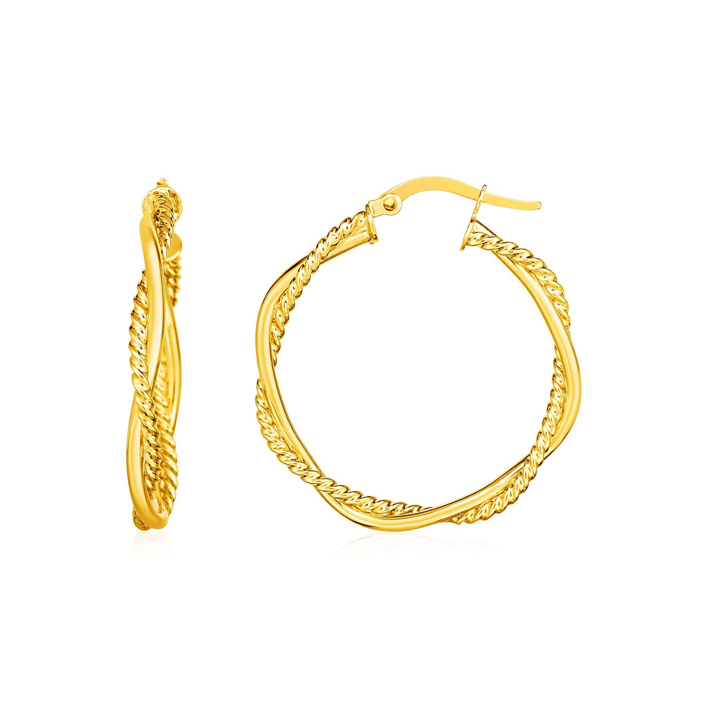 14k Yellow Gold Two Part Textured Twisted Round Hoop Earrings