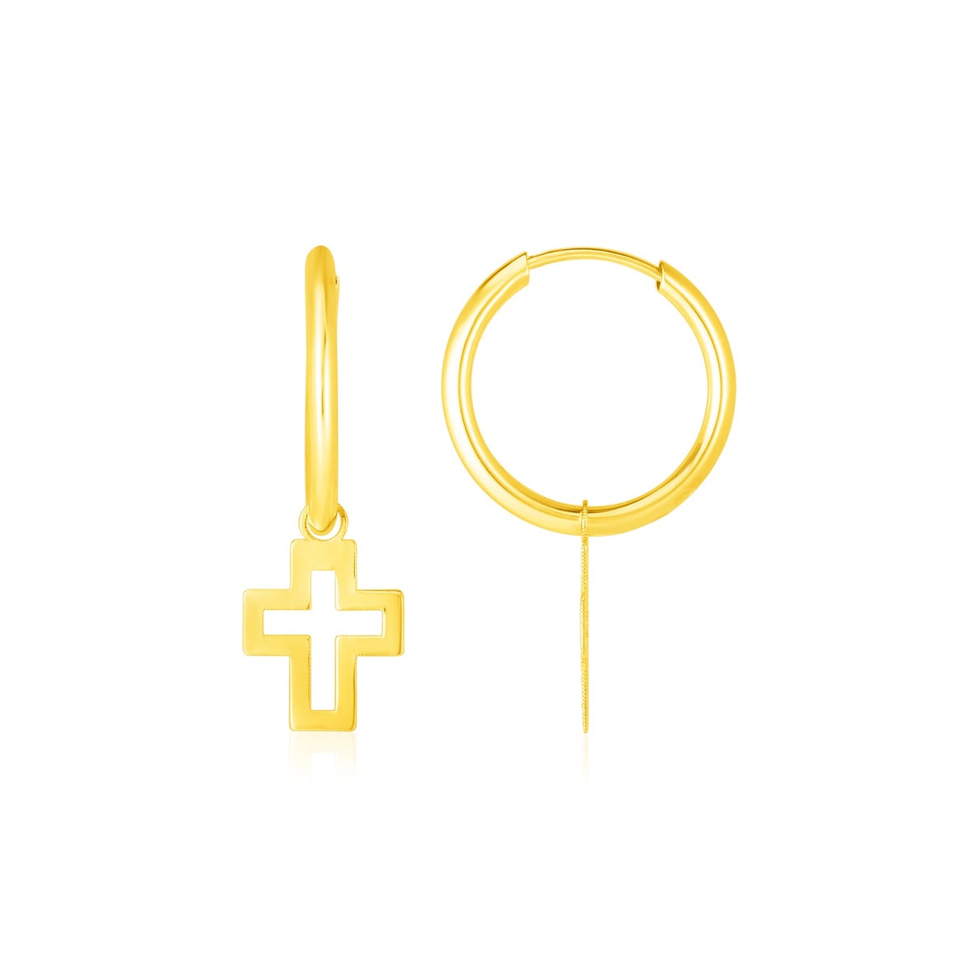 14K Yellow Gold with Crosses Polished Hoop  Earrings