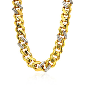 9.5mm 14k Yellow Gold Polished Curb with Diamonds Chain