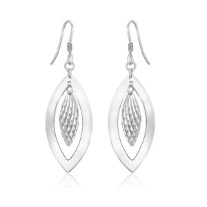 Sterling Silver  with Dual Open and Textured Marquis Shapes Dangling Earrings