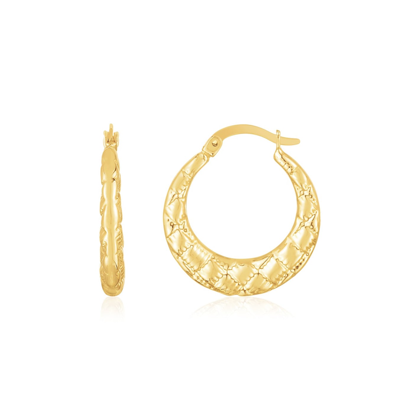 14K Yellow Gold Puffed Checkerboard Hoop Earrings