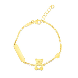 14k Yellow Gold Childrens with Teddy Bear Heart and Bar Bracelet