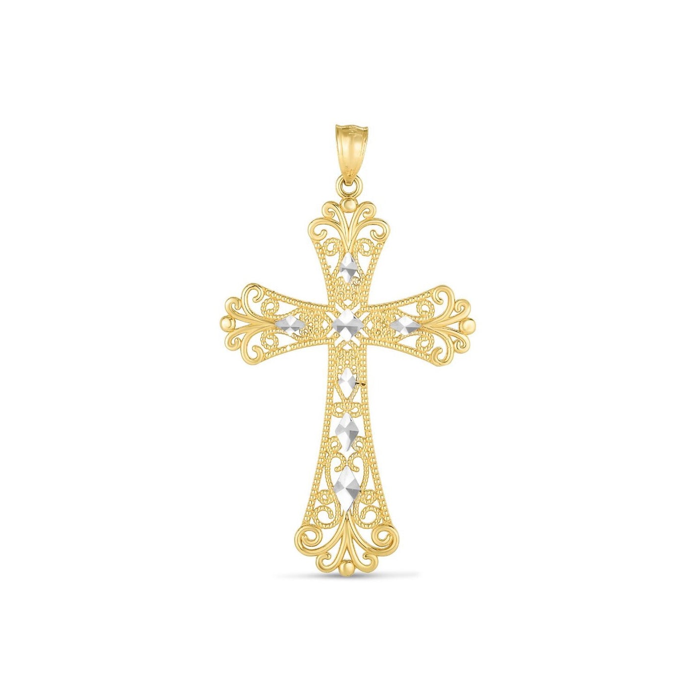 14k Two Tone Gold High Polish Diamond Cut Cross Pendant