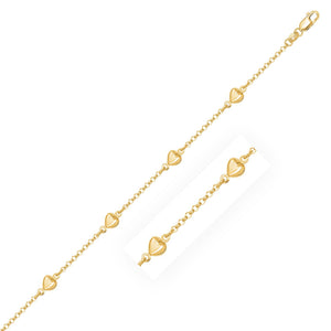 14k Yellow Gold Rolo Chain with Puffed Heart Stations Bracelet