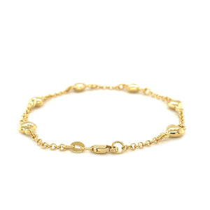 14k Yellow Gold Rolo Chain with Puffed Heart Stations Bracelet