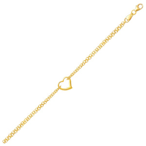 10k Yellow Gold  with an Open Heart Station Double Rolo Chain Anklet