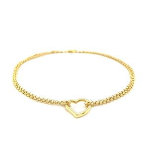 10k Yellow Gold  with an Open Heart Station Double Rolo Chain Anklet