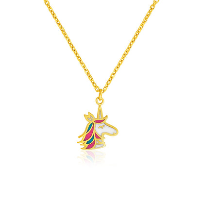 14k Yellow Gold with Enameled Unicorn Pendant Childrens Necklace