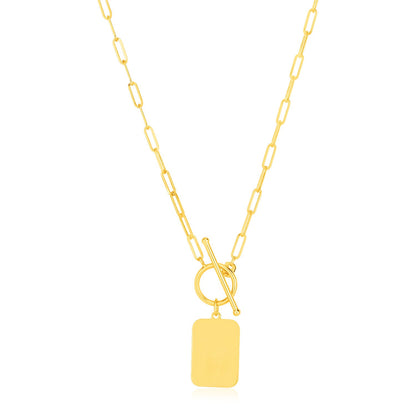 14k Yellow Gold Paperclip Chain with Rounded Rectangle Pendant Necklace