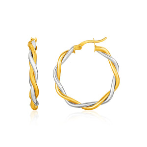 10k Yellow and White Gold Two-Tone Twisted Wire Round Hoop Earrings