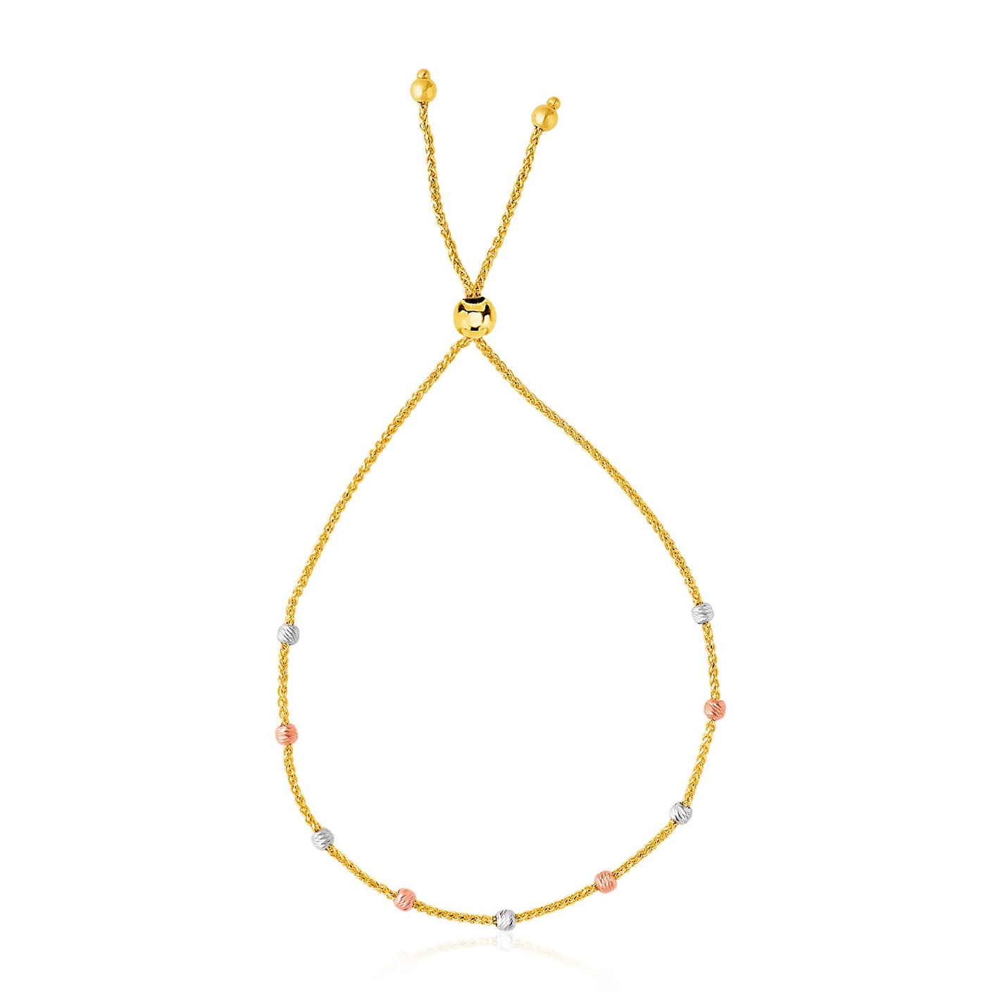 14k Tri-Color Gold Textured Bead Station Lariat Bracelet